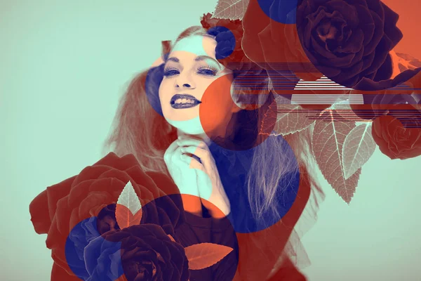 Opvallende Mooie Vrouw Artwork Met Rozen Kleureffecten Duotoon — Stockfoto