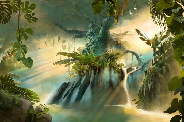 Wunderschöne Verträumte Dschungellandschaft Mit Großem Alten Baum Kann Als Hintergrund — Stockfoto