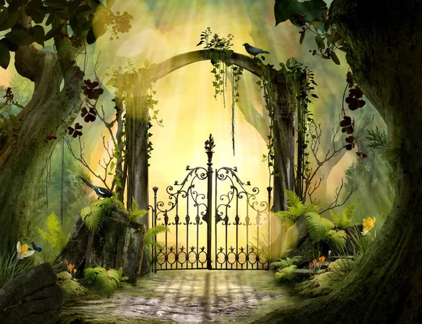 Archway Enchanted Garden Landscape Big Old Trees Can Used Background — Stock Photo, Image