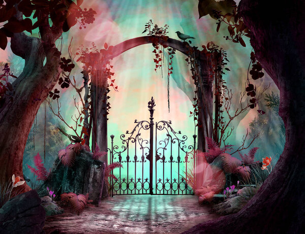 Archway in an enchanted garden Landscape with big old trees can be used as background