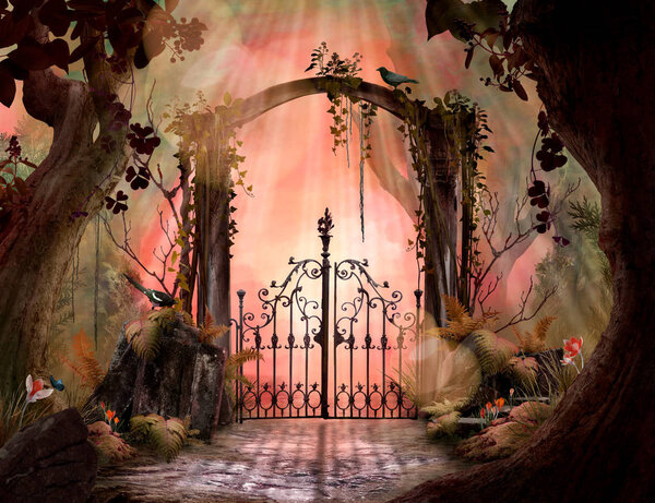 Archway in an enchanted garden Landscape with big old trees can be used as background