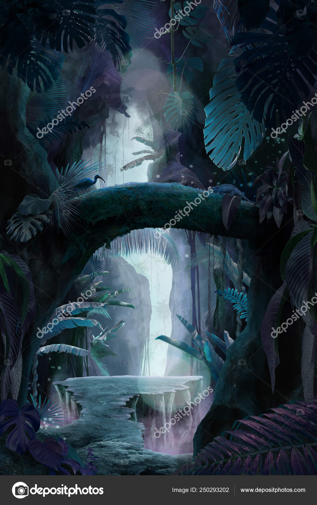 Deep Mystical Jungle Canyon Night Can Used Background Wallpaper — Stock
