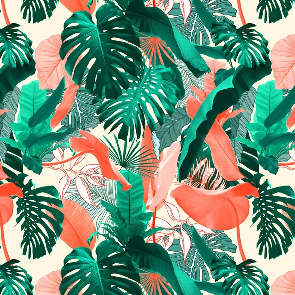 Modèle Conception Sans Couture Avec Des Feuilles Tropicales Peut Être — Photo