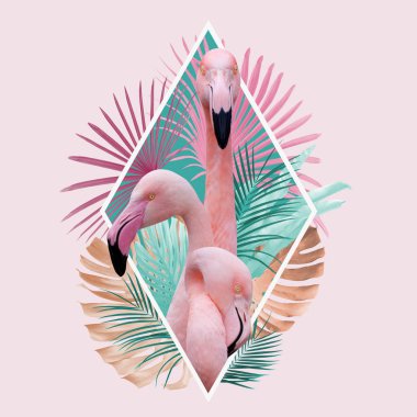tropikal yaprakları flamingo tasarım açık pembe, turkuaz ve altın renklerde, arka plan olarak kullanılabilir, duvar kağıdı 