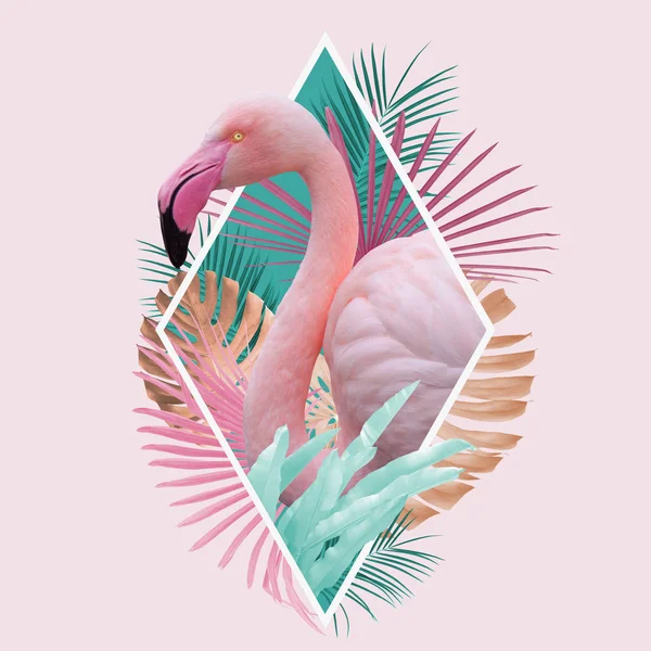 Τροπικά Φύλλα Flamingo Σχέδιο Ανοιχτό Ροζ Τυρκουάζ Και Χρυσά Χρώματα — Φωτογραφία Αρχείου