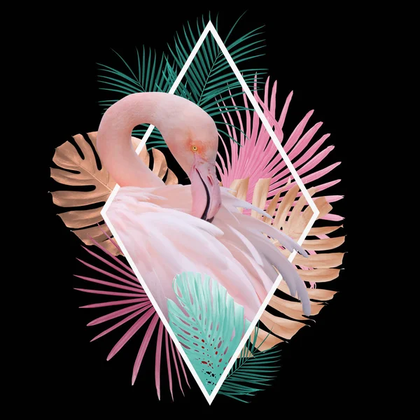 Tropical Leaves Flamingo Design Light Pink Golden Turquoise Black Can — Stock Photo, Image