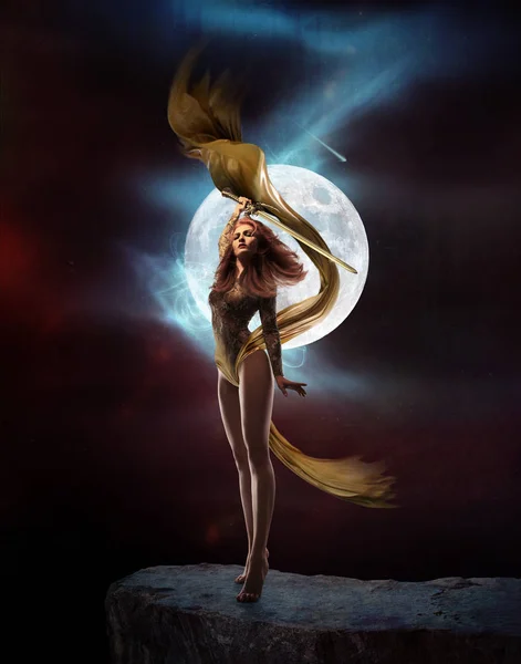 美丽的幻想女人 战士女巫 童话魔法背景 — 图库照片