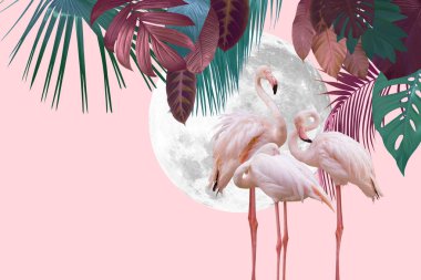 tropikal yaprakları ile ay ve flamingo arka plan tasarımı, arka plan olarak kullanılabilir, duvar kağıdı