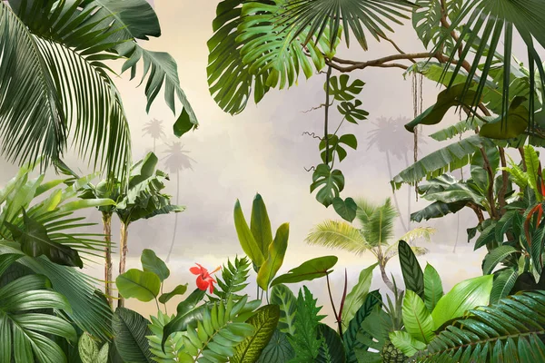 Entzückendes Hintergrunddesign Mit Tropischen Palmen Und Bananenblättern Kann Als Hintergrund — Stockfoto