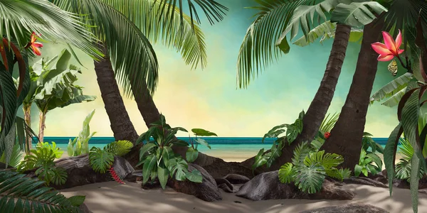 Gyönyörű Strand Lagúna Kilátás Pálmafákkal Trópusi Levelek Lehet Használni Háttérben Stock Kép