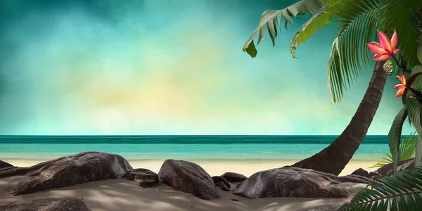Schöner Strand Mit Meerblick Mit Tropischen Palmenblättern Und Frangipani Blumen — Stockfoto