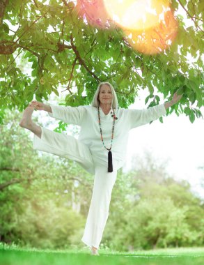 Güzel, en iyi yaş, uzun gri saçlı, dışarıda yoga egzersizi yapan son sınıf öğrencisi kadın.