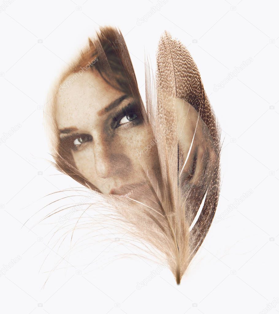 Beautiful woman with feather, double exposure, overlay, can be used as background