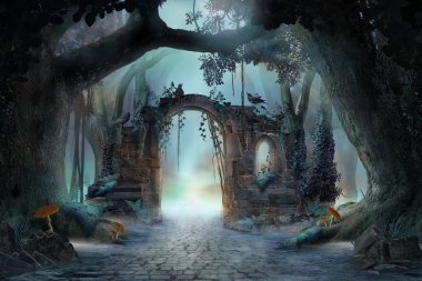 Archway in an enchanted fairy forest landscape, misty dark mood, can be used as background clipart