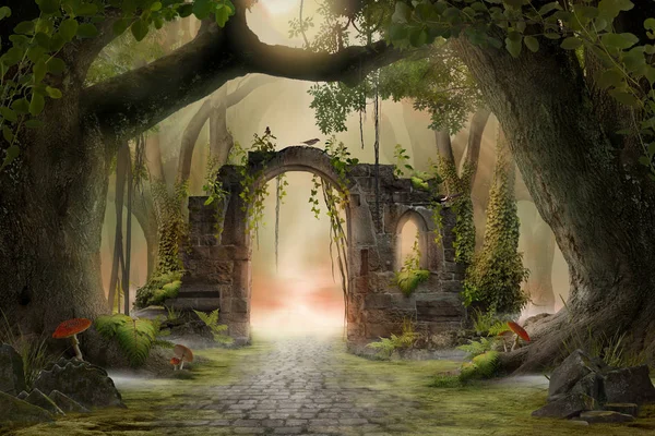 Archway Förtrollad Fairy Forest Landskap Dimmiga Mörka Humör Kan Användas — Stockfoto