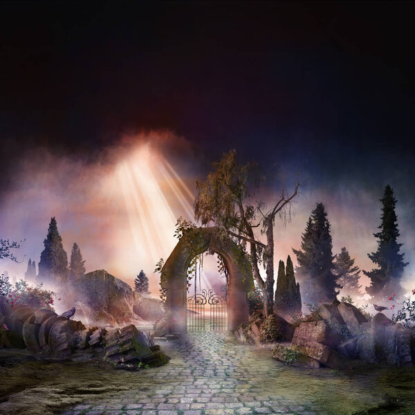 wuthering heights, dark, atmospheric landscape with archway and fir trees, sunbeams after thunderstorm