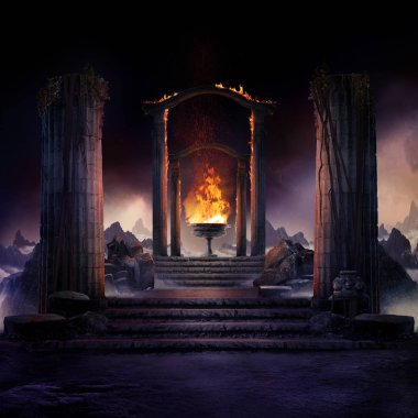 Sonsuz ateş, karanlık atmosferik manzara merdivenleri antik sütunlar ve ateş yazı tipi, fantezi arka plan