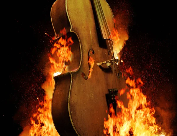 Burning cello, dark atmospheric mood, music instrument fantasy background