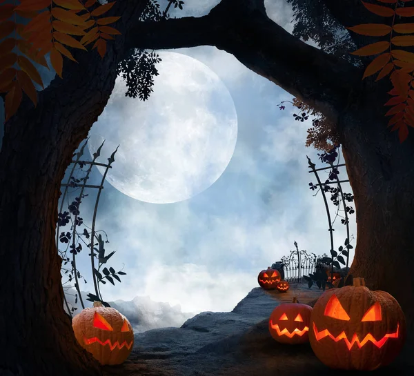 Griezelige Halloween Landschap Met Pompoenen Donkere Atmosferische Stemming Met Maan — Stockfoto