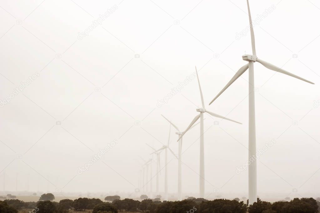 Wind turbines on a misty and cold day