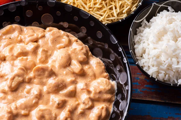 Chicken Stroganoff Accompanied Rice Salad Potato Straw — Stock Photo, Image