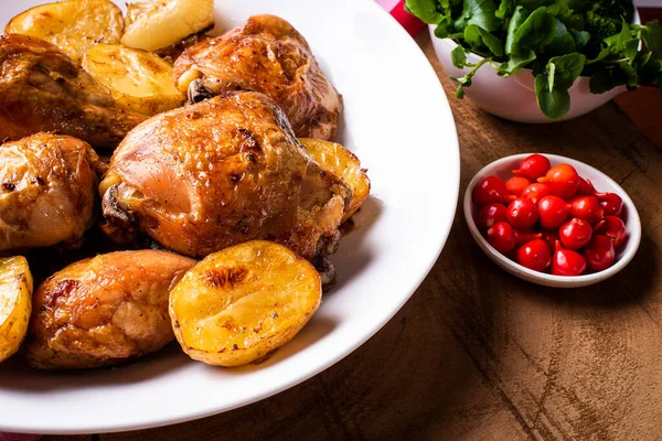 Chicken Baked Pieces Potatoes Onion White Dish — Stock Photo, Image