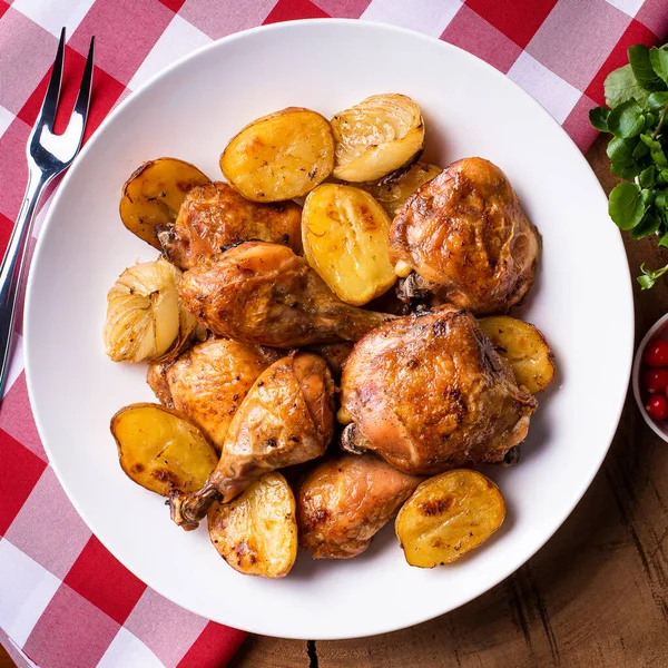 Chicken Baked Pieces Potatoes Onion White Dish — Stock Photo, Image