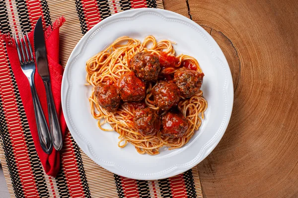 Albóndigas Con Salsa Tomate Pasta Vista Superior Almondegas —  Fotos de Stock