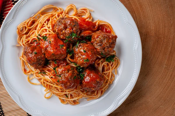 Albóndigas Con Salsa Tomate Pasta Vista Superior Almondegas —  Fotos de Stock