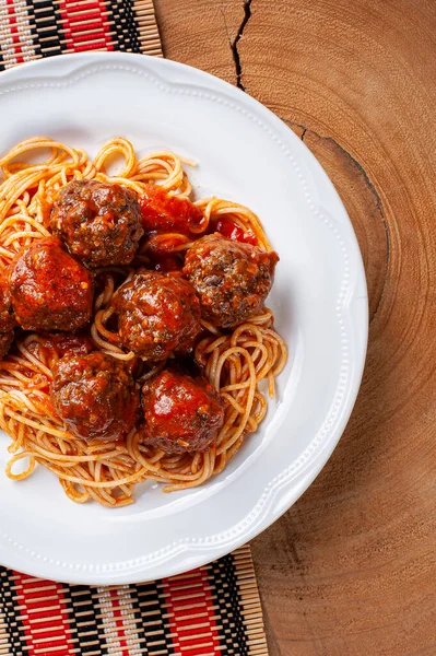 Albóndigas Con Salsa Tomate Pasta Vista Superior Almondegas —  Fotos de Stock