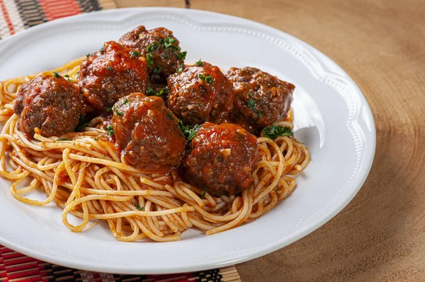 Albóndigas Con Salsa Tomate Pasta Almondegas —  Fotos de Stock