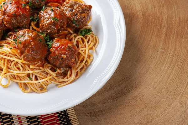 Albóndigas Con Salsa Tomate Pasta Vista Superior Almondegas —  Fotos de Stock