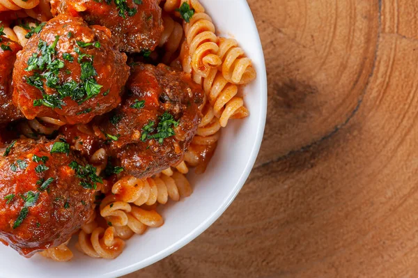 Albóndigas Con Salsa Tomate Pasta Vista Superior Almondegas —  Fotos de Stock