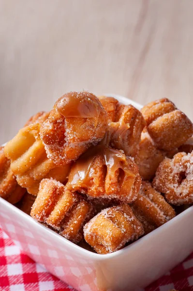 Mini Churros Caseros Con Dulce Leche Copiar Espacio — Foto de Stock