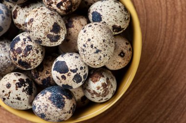 Kasede bıldırcın yumurtası ve ahşap masa. Boşluğu kopyala