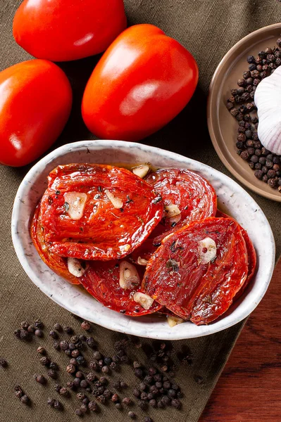 Sun Dried Tomatoes Bowl Olive Oil Top View — Stock Photo, Image