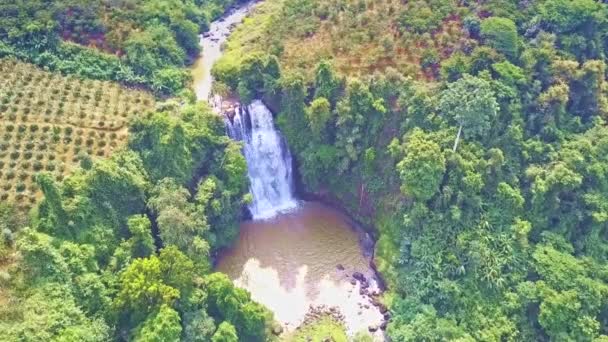 Vista Superior Cachoeira Espumosa Pictórica Cai Para Baixo Lago Marrom — Vídeo de Stock