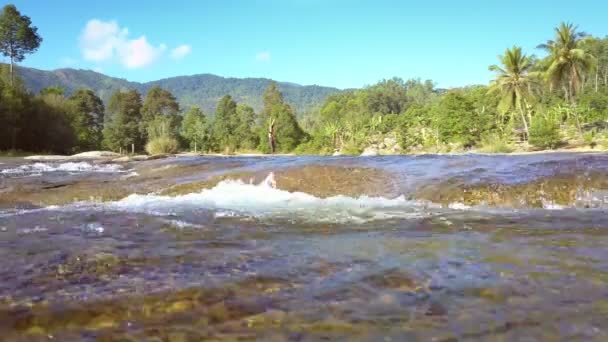 Closeup Transparent River Flows Stream Fast Pictorial Green Landscape Distant — Stock Video