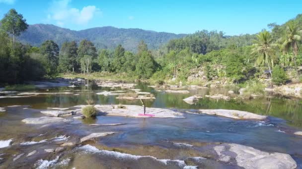 Flaycam si sposta alla ragazza sulla pietra del fiume — Video Stock