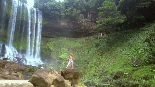 Junge Frau Posiert Auf Großem Felsbrocken Nahe Wasserfall Naturpark — Stockvideo