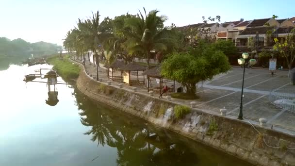 Rubia chica sostiene yoga pose en riverfront con palmas — Vídeos de Stock