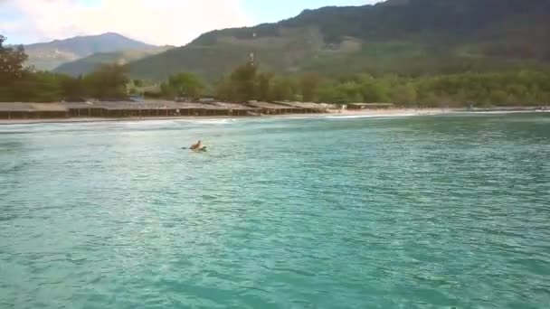 Chica se sienta en tabla de surf en el océano azul contra el cielo de la playa — Vídeos de Stock