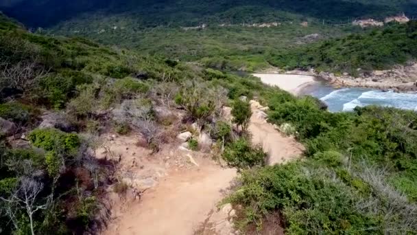 Movimiento Superior Traza Tierra Marrón Colina Forestal Laguna Azul Océano — Vídeos de Stock