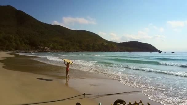 Девушка несет желтую доску для серфинга, идущую вдоль побережья — стоковое видео