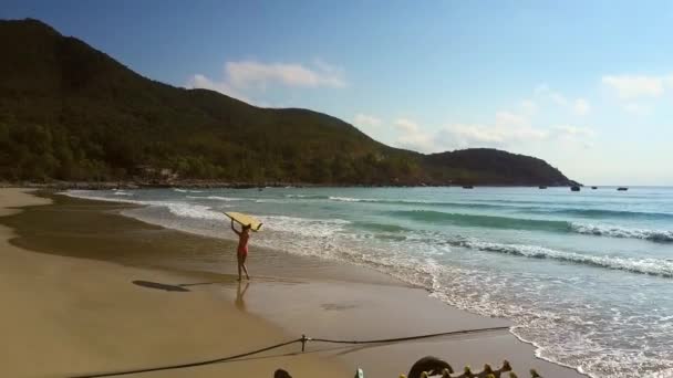 Menina carrega prancha amarela andando ao longo do litoral — Vídeo de Stock