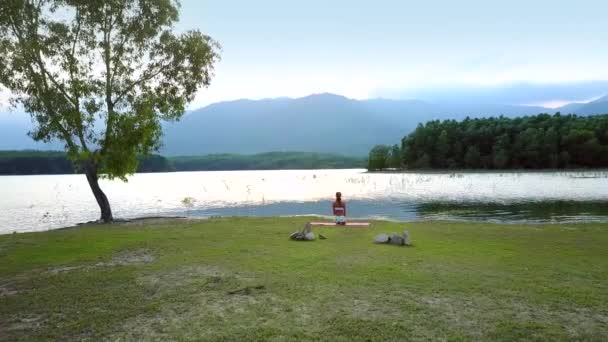 背面打掉女孩穿着白色礼服坐在湖岸边和冥想在瑜伽姿势观看梦幻般的风景 — 图库视频影像