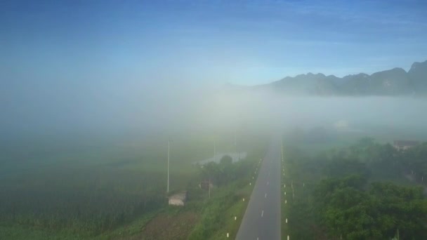 Flycam Stoupne Nad Zemi Asfaltkou Mizí Ranní Mlze Vietnamské Highland — Stock video