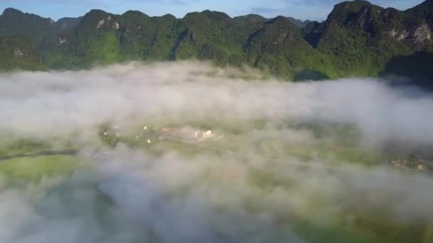 Magnífica Niebla Gruesa Panorama Superior Extiende Través Del Valle Verde — Vídeo de stock