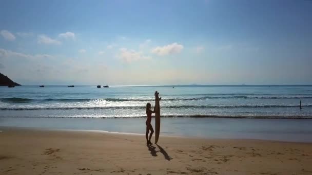 Flygfoto Vacker Flicka Siluett Rymmer Surfbräda Stranden Mot Solen Speglar — Stockvideo