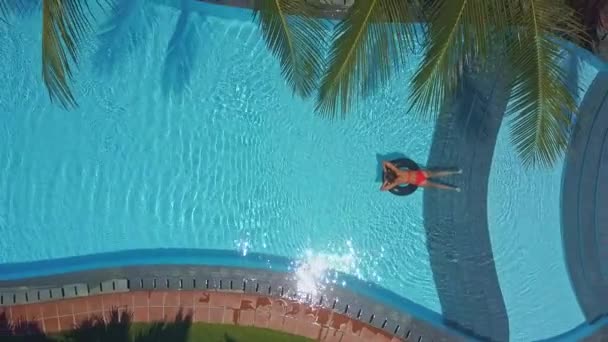 Hotel Lujo Piscina Ovalada Con Sillas Plegables Por Barrera Entre — Vídeo de stock